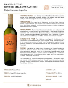 2025 Pascual Toso Estate Chardonnay – Fact Sheet