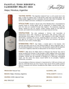 2022 Pascual Toso Reserva Cabernet Franc – Fact Sheet