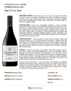 2018 Conde de los Andes Tempranillo – Fact Sheet