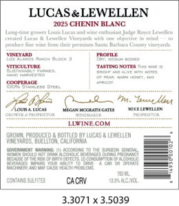 Lucas & Lewellen Chenin Blanc – Back Label – Non-Vintage