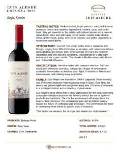 2022 Luis Alegre Crianza – Fact Sheet