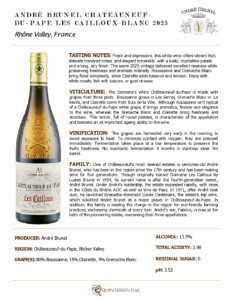 2025 André Brunel Châteauneuf-du-Pape Les Cailloux Blanc – Fact Sheet