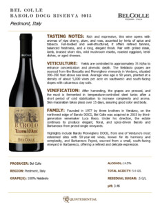 2015 Bel Colle Barolo DOCG Riserva – Fact Sheet