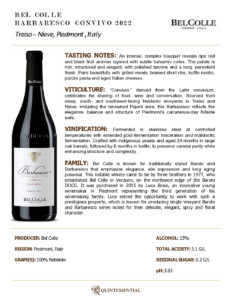 2022 Bel Colle Barbaresco DOCG “Convivio” – Fact Sheet