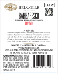 Bel Colle Barbaresco DOCG "Convivio" - Back Label - 2022 & After